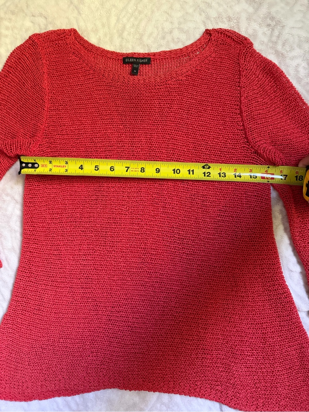 Eileen Fisher Coral-Red Lightweight Knit Scoop Neck Sweater 3/4 Sleeve - Picture 5 of 7